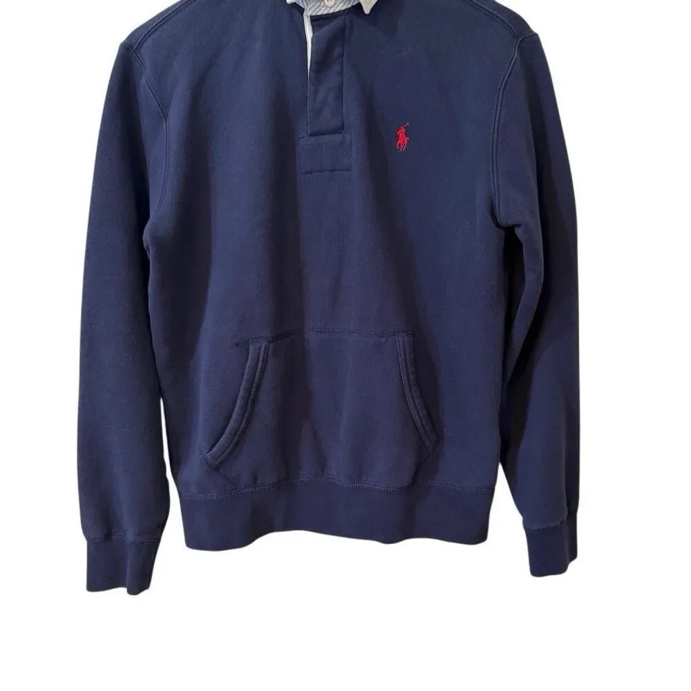 Polo Ralph Lauren Mens Small Navy Solid Classic Fit Fleece Rugby Polo Shirt